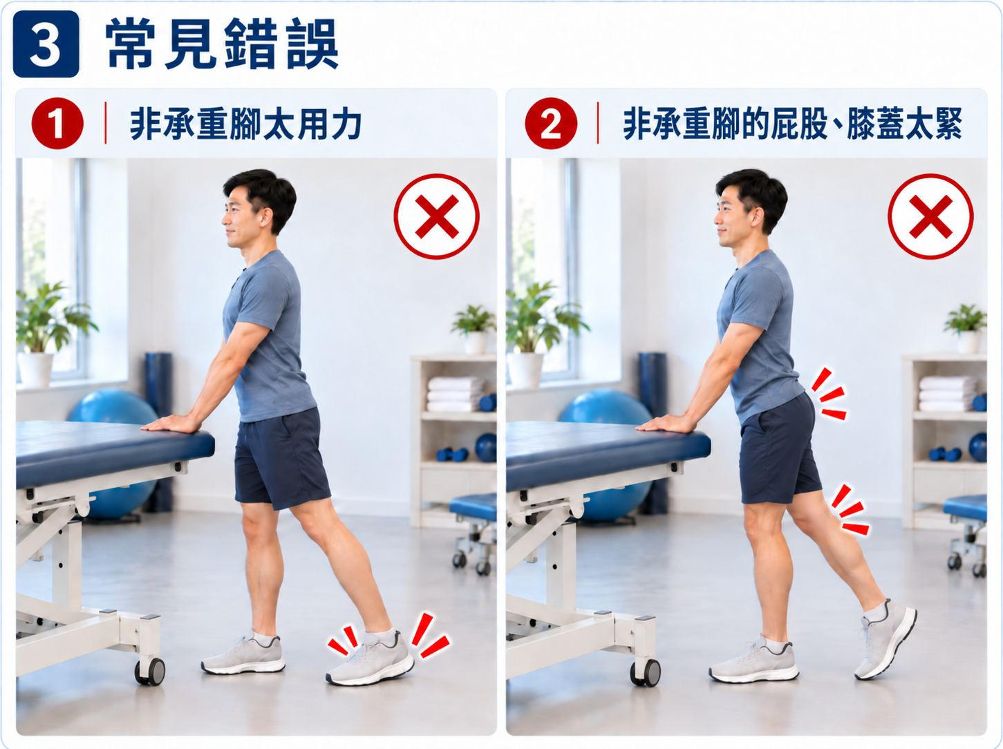 並列兩個常見錯誤：非承重腳用力踩實，以及非承重腳那側臀部與膝蓋過度繃緊